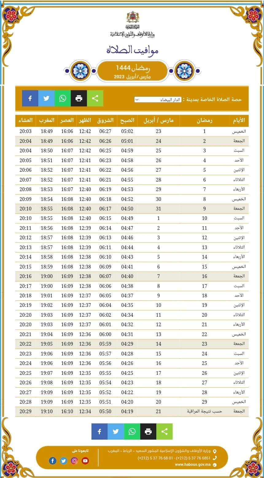 Horaires de prières Ramadan 2023